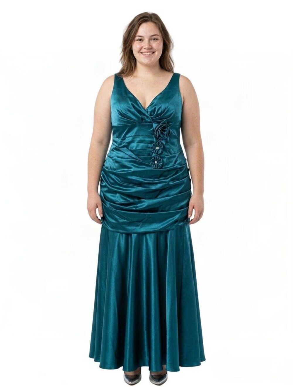 Cindy #1193 Long Satin Fit & Flare Bridesmaid Evening Gown-Size 4X- TEAL- NWT